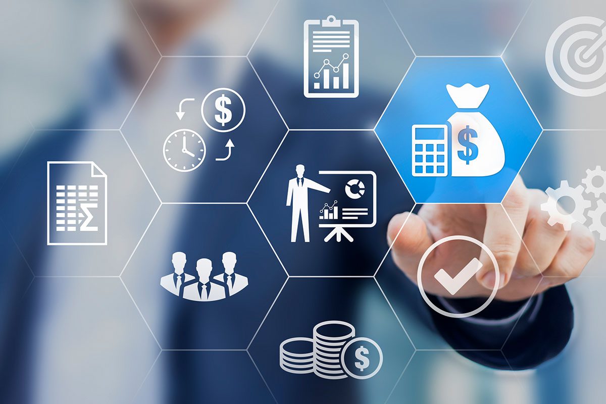 A person in business attire interacts with virtual hexagonal icons representing finance, analytics, teamwork, and business growth.