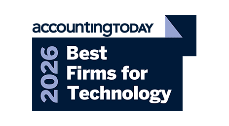 Accounting Today 2026 Top Best Firms For Technology logo on a dark blue rectangular background with white and light blue text.